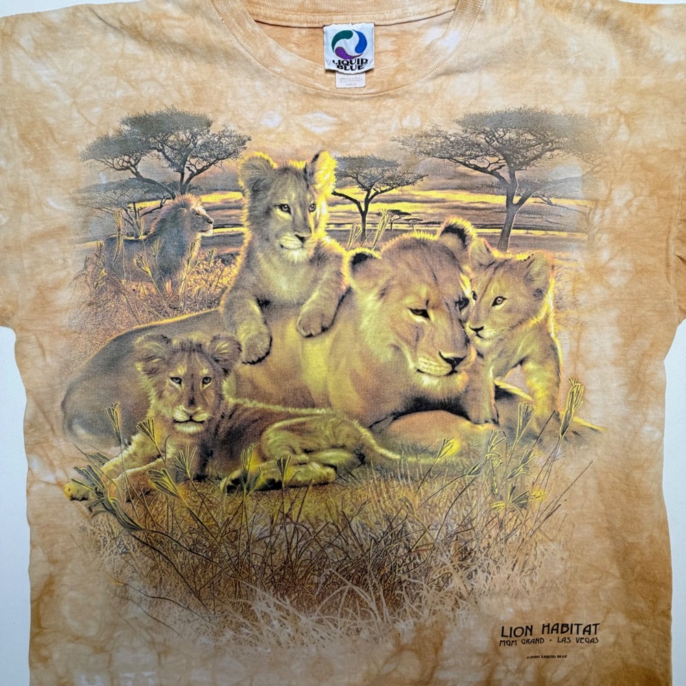 Vintage Y2K Liquid Blue Lion Tie Dye Large Shirt Yellow MGM Grand Vegas Cotton - Picture 9 of 9